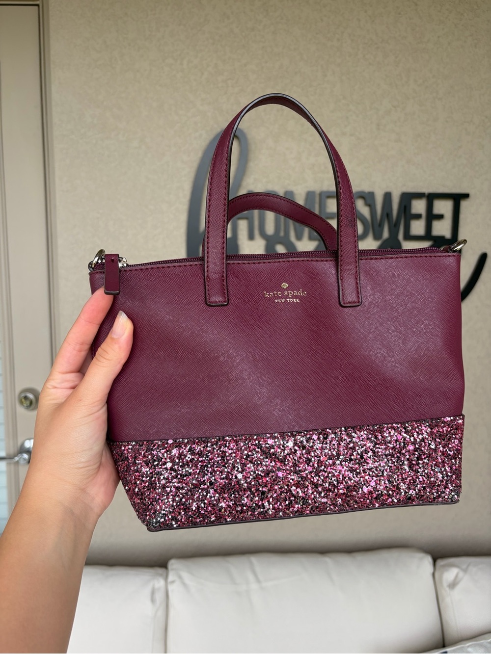 Kate Spade Small Greta court Ina Glitter Crossbody Bag Handbag Cherrywood Maroon